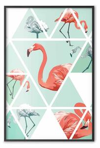 Poster: Fenicotteri geometrici - uccelli rosa e triangoli in toni di verde