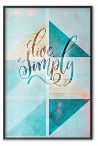 Poster: Vivi semplicemente - scritta in inglese su sfondo blu con legno