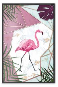 Poster: Passeggiata del fenicottero - uccello rosa e foglie