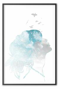 Poster: Guarda il cielo - composizione scandinava con volto di donna e uccelli