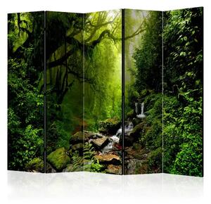 Paravento separè Bosco delle fiabe II - paesaggio di foresta verde con cascata e rocce