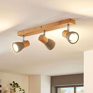 Faretto Lindby Filiz, 3 luci, lunghezza 47 cm, legno, cemento, E14