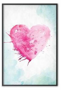 Poster: Amore ad acquarello - composizione con cuore rosa su sfondo azzurro