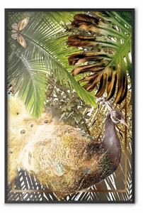 Poster: Pavone dorato - elegante uccello tra foglie tropicali