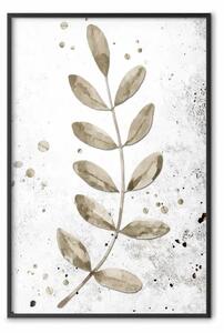 Poster: Un unico ramoscello: delicate foglie autunnali su sfondo grigio