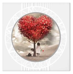 Quadro moderno Albero dell'amore - sagoma di persone sotto foglie rosse