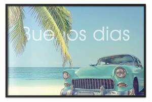 Poster: Buenos dias - auto retrò blu sullo sfondo di palme e cielo blu