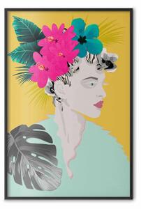 Poster: Fiori tra i capelli - astrazione colorata con ritratto