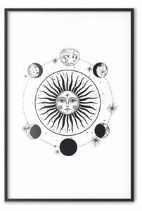 Poster: Fasi lunari - composizione con sole dal volto umano