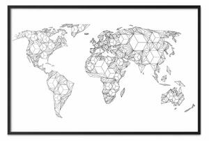 Poster: Mappa geometrica del mondo: continenti composti da figure geometriche