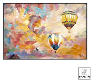 Quadro da parete, quadro con cornice MONGOLFIERE AL TRAMONTO 120x80x1,6 cm orizzontale pannello in legno disegnato su tela a mano