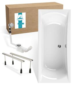 Set vasca da bagno rettangolare Calmwaters® 180x80 cm con piedini e gruppo di scarico, vasca in acrilico Modern Curved, vasca doppia per due persone, set vasca da bagno completo, 180 x 80 cm, bianco, 99000299