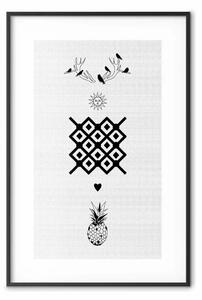 Poster: Felicità: composizione in bianco e nero con frutta tropicale e uccelli