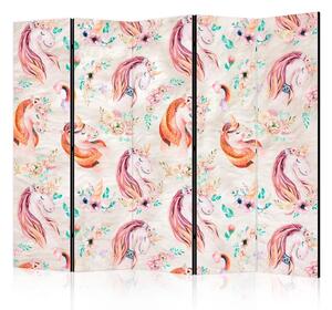 Paravento design Unicorno pastello II - unicorno con fiori su sfondo colorato