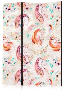 Paravento separè Unicorno pastello - cavalli fantasiosi su sfondo colorato con fiori