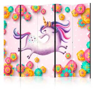 Paravento separè Unicorno flessuoso II - unicorno fantasy su sfondo colorato con fiori