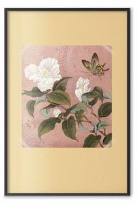 Poster: Fiore di azalea - petali bianchi, foglie verdi, farfalla