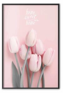 Poster: Sei tulipani: fiori rosa con iscrizioni su sfondo pastello
