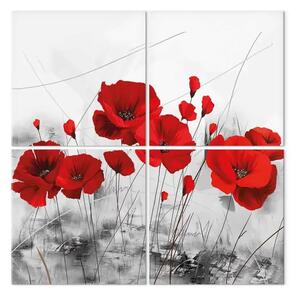 Quadro su tela Papaveri prato (4 pezzi) - fiori su sfondo grigio natura