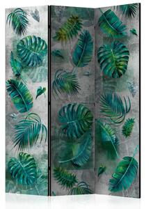 Paravento design Giungla modernista - foglie verdi tropicali su sfondo di cemento