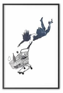 Poster: Frenesia shopping - murale in b/n con figura e carrello Banksy