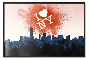 Poster: I love NY - architettura di New York su sfondo di cielo rosa e scritta