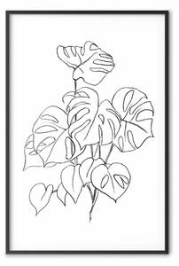 Poster: Monstera monocromatica - lineart in bianco e nero in foglie esotiche