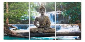 Quadro su tela Buddha e cascata (3 pezzi) verde