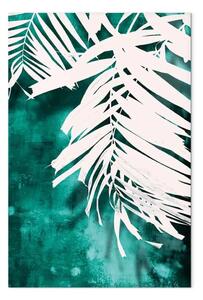 Quadro moderno Contrasti botanici - foglie di palme su sfondo astratto color smeraldo