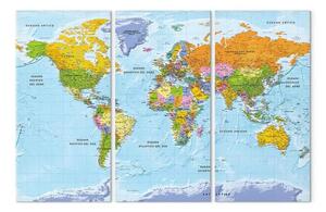 Quadro contemporaneo Mappa del mondo in italiano (in 3 pezzi) - colori vivaci dei continenti