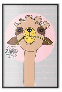 Poster: Lama allegra - animale marrone con fiore su sfondo artistico colorato