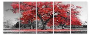 Quadro moderno Autunno nel parco (5 pezzi) stretto rosso