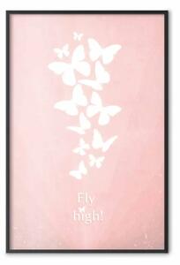 Poster: Volare alto! - scritte in inglese con farfalle bianche su sfondo rosa