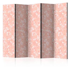 Paravento design Arabesco corallo II - ornamenti floreali bianchi su sfondo arancione
