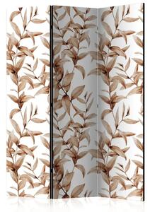 Paravento design Sepia vegetale - foglie marroni su sfondo bianco