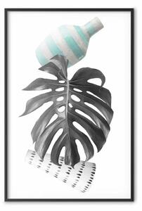 Poster: Volto dell'arte - astrazione con foglia e due vasi su sfondo bianco