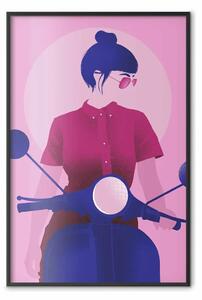Poster: Donna in scooter - donna su scooter in tonalità pastello rosa