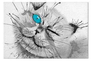 Quadro contemporaneo Gatto grigio con un occhio blu - tema animale in colori grigi