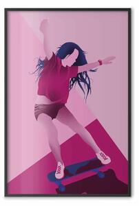 Poster: Powerslide - donna che scivola su skateboard in motivo rosa pastello