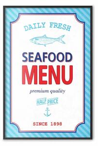 Poster: Menu - modello blu di pubblicità con scritte in inglese e pesci