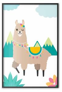Poster: Lama stravagante: animale colorato, sfondo montagne