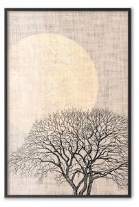 Poster: Luna piena mattutina - albero e luna gialla su texture tessile