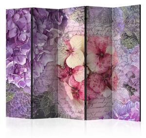 Paravento design Ricordo II - fiori multicolori e scritte sullo sfondo