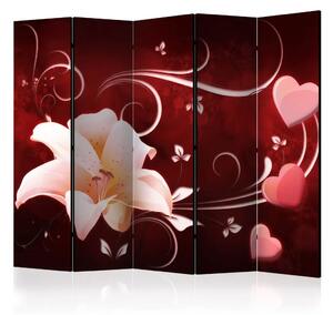 Paravento design Messaggio d'amore II - giglio e cuori su sfondo rosso