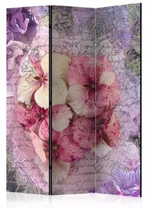 Paravento design Ricordo - orchidee rosa e delicate scritte sullo sfondo