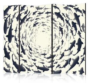 Paravento design Vortice di pesci II - animali marini su sfondo chiaro