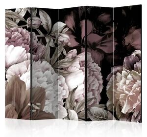 Paravento separè Dolce sonno II - foglie e fiori colorati su sfondo nero