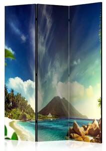 Paravento design Vulcano dormiente - paesaggio tropicale di mare e spiaggia