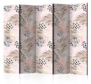 Paravento design Palme rosa II - foglie tropicali con tocchi d'oro e bronzo