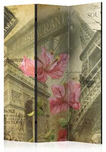 Paravento Bonjour Paris! - collage urbano con Torre Eiffel e fiori